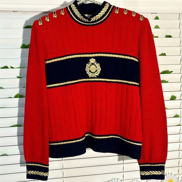 St. John Collection vintage red, navy and gold Santana knit sweater - Picture 1 of 7